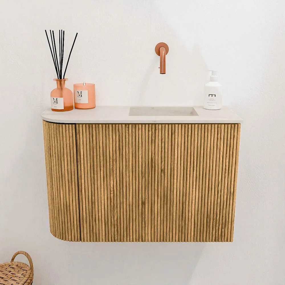 Mondiaz Joya DLux 60cm toiletmeubel ronding links oak met wastafel faye rechts zonder kraangat meli