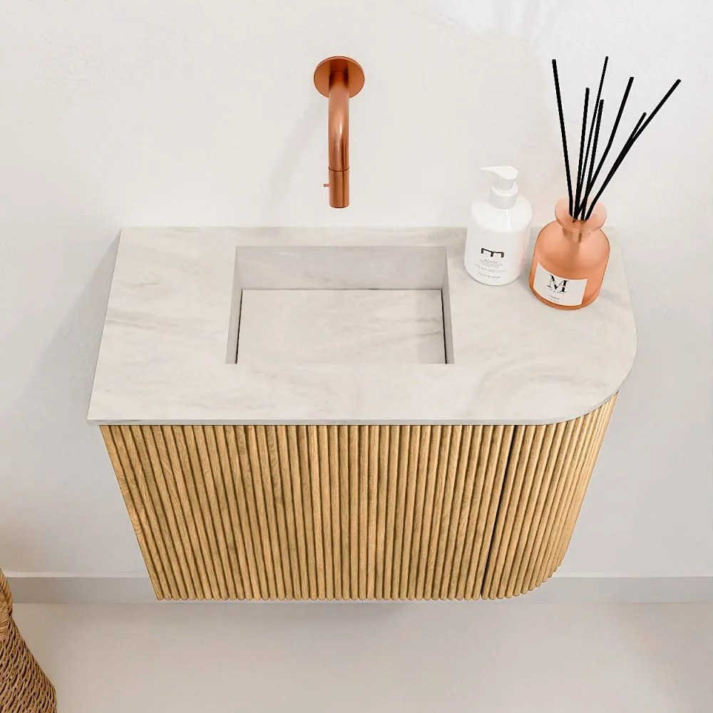 Mondiaz Joya DLux 50cm toiletmeubel ronding rechts oak met wastafel faye links zonder kraangat ostra