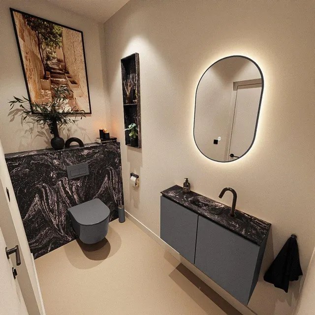 MONDIAZ TURE-DLUX 80cm toiletmeubel Dark Grey. EDEN wastafel Lava positie midden. Met 1 kraangat. TUREDX80DGRM1LAV