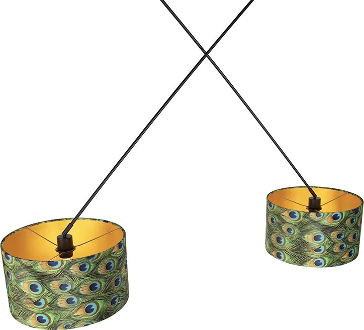 Hanglamp zwart met velours kappen pauw met goud 35 cm 2-lichts - Blitz