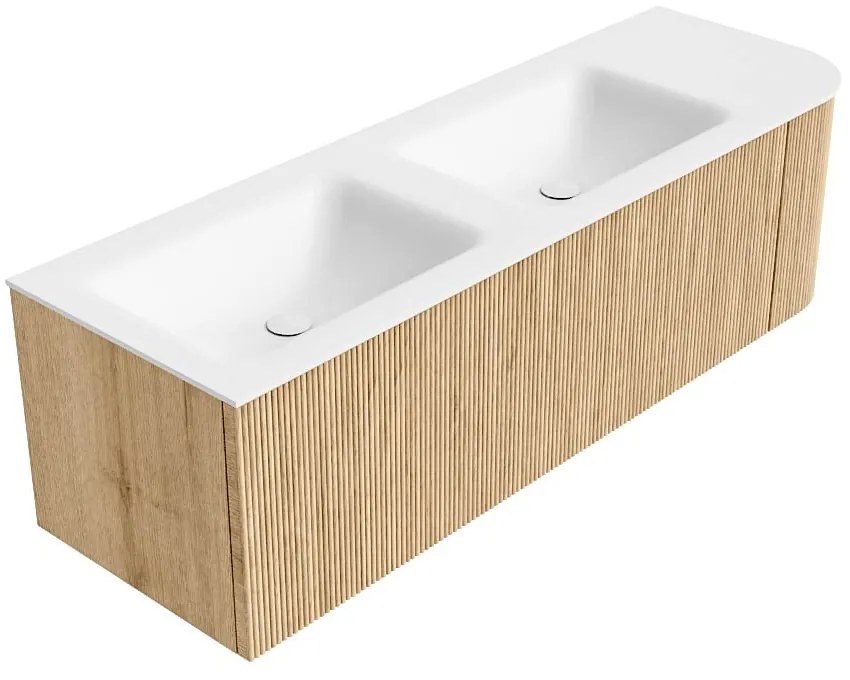 Mondiaz Kurve 145cm badmeubel ronding rechts oak met 1 lade en deur en wastafel cloud dubbel/links zonder kraangat