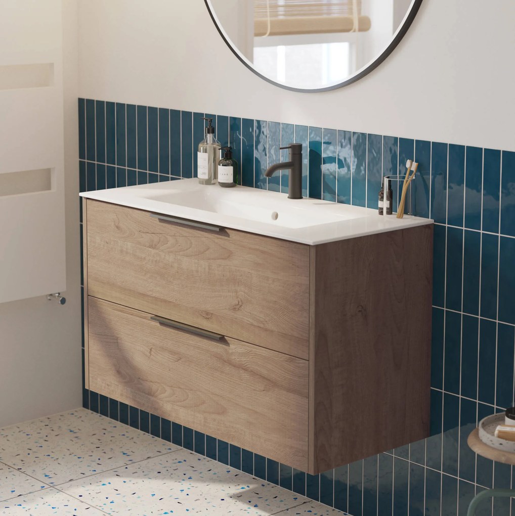 Saqu Lima badmeubel incl. glans witte keramische wastafel 100x46x61cm toffee – mat zwarte greep