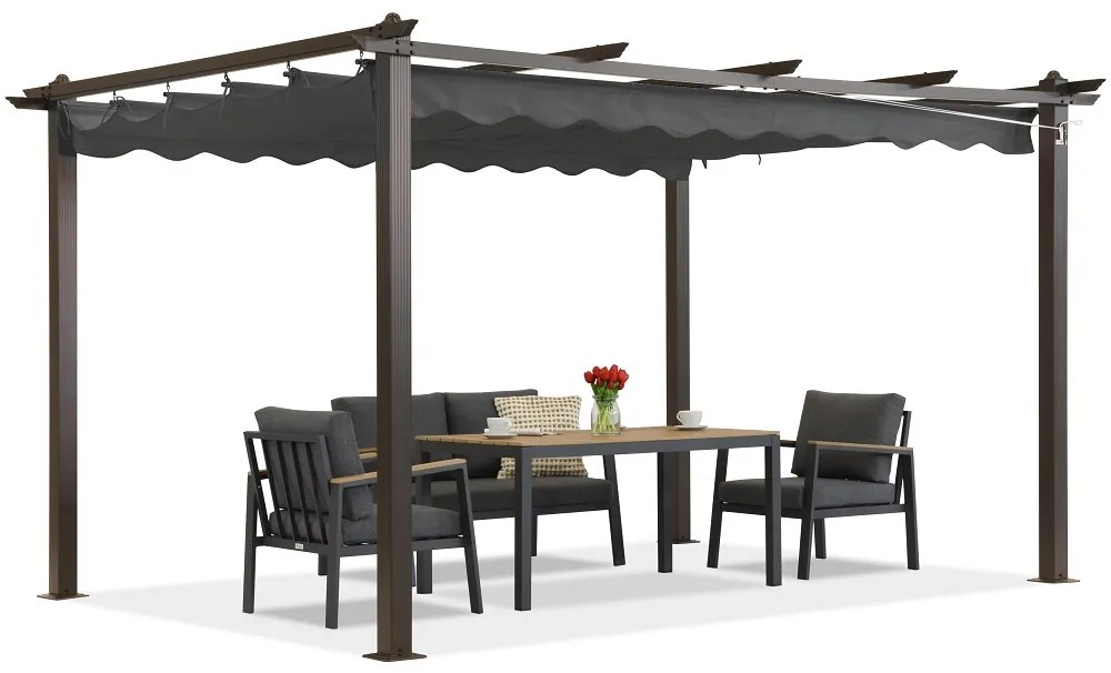 Barbados terraspergola 3x4 m met Garden Point hout-antraciet gordijnen