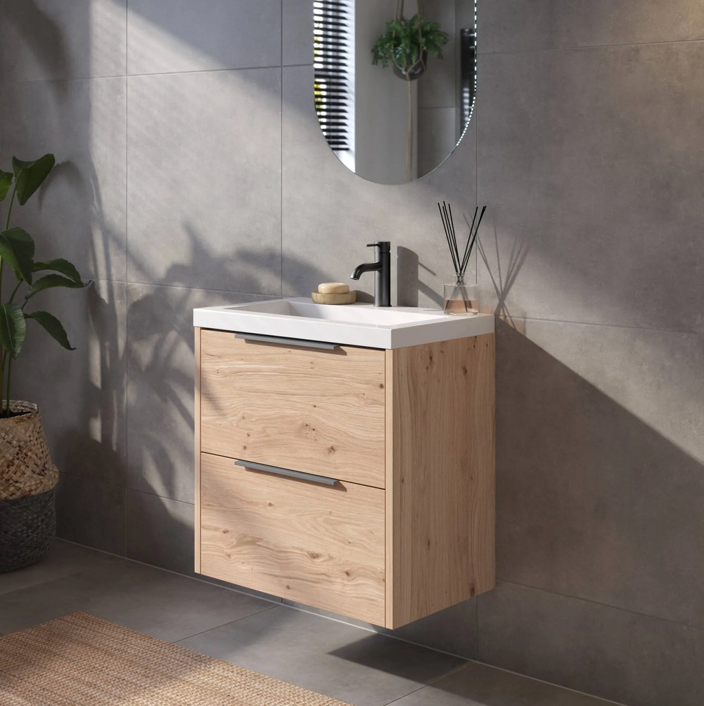 Saqu Lima ondiep badmeubel incl. glans witte wastafel 60x40x64cm naturel eiken – geborsteld zwarte greep