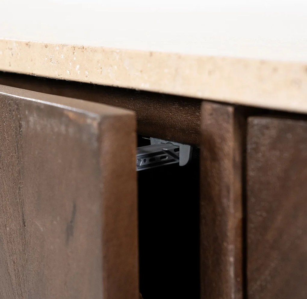 Dressoir Donker Hout Met Travertin Blad - 200x41x75cm.