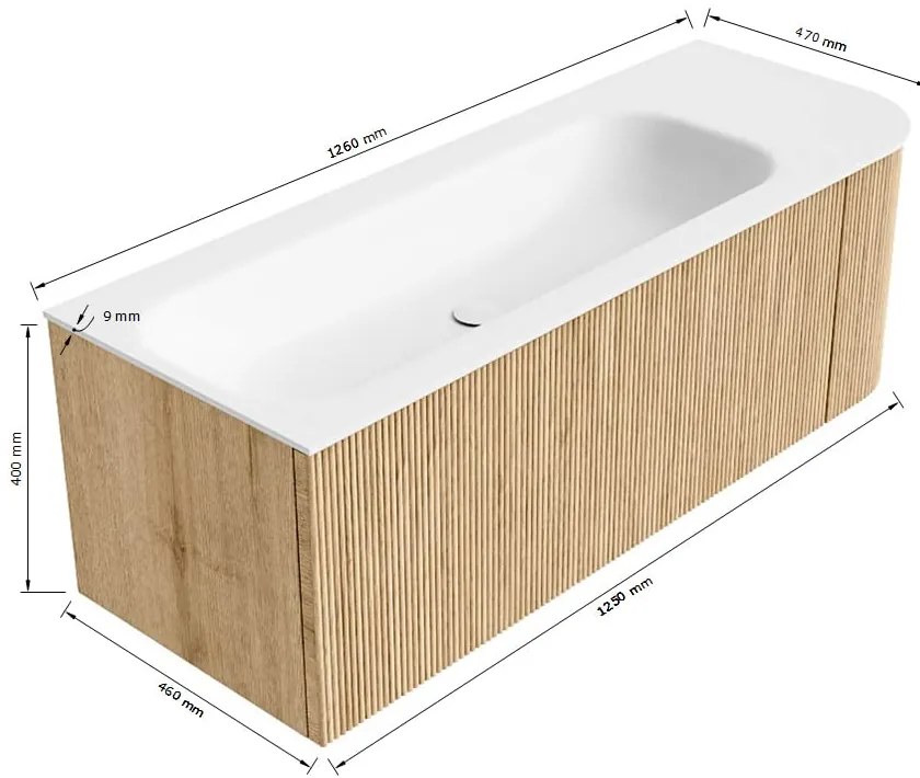 Mondiaz Kurve 125cm badmeubel ronding rechts oak met 1 lade en deur en wastafel big medium kraangat links