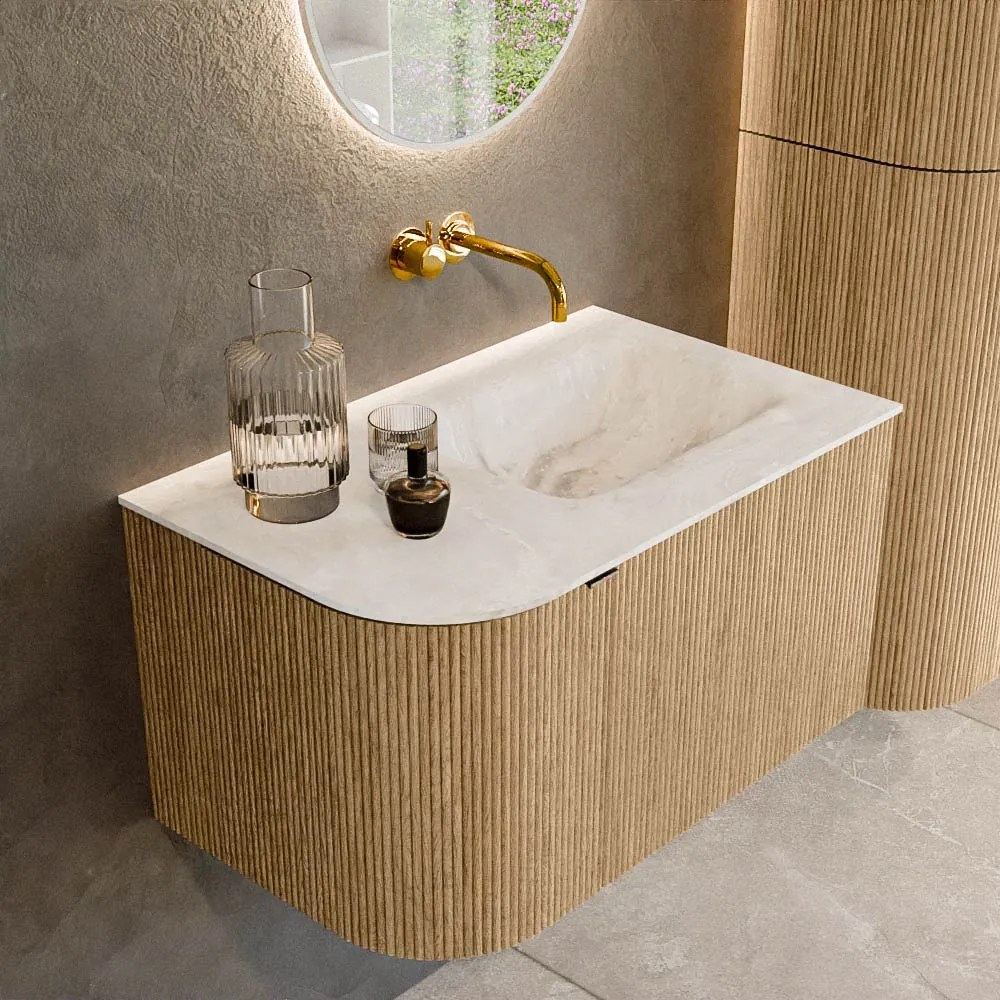 Mondiaz Kurve-dlux 75cm badmeubel ronding links oak met 1 lade en deur en wastafel grunne rechts zonder kraangat frappe