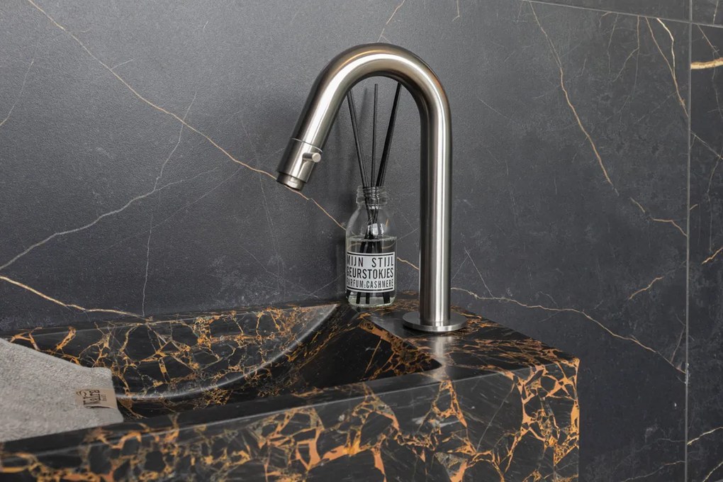 Saniclear Athens Portoro Gold fonteinset met gebogen kraan in RVS