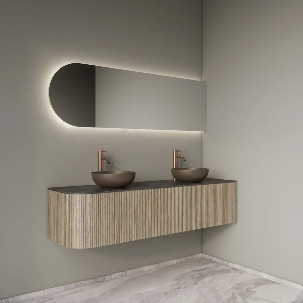 Gliss Design Alluro badmeubel ribbelfront met ronding links 160cm corn silk en zwart leisteen toppaneel