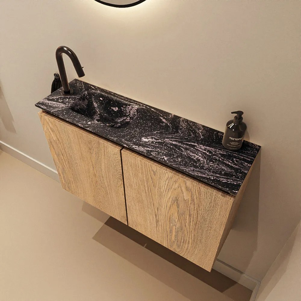 Mondiaz Ture DLux toiletmeubel 80cm washed oak met wastafel lava links met kraangat