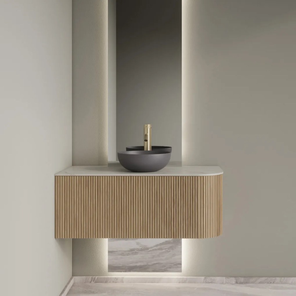 Gliss Design Alluro badmeubel ribbelfront met ronding rechts 100cm mist en wit marmer toppaneel