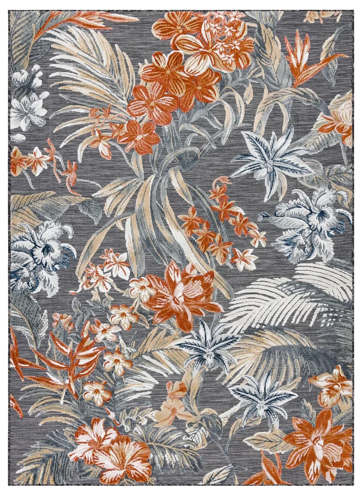 Tapijt Structural BOTANIC 65262 bloemen, plat geweven op het balkon, terras - zwart