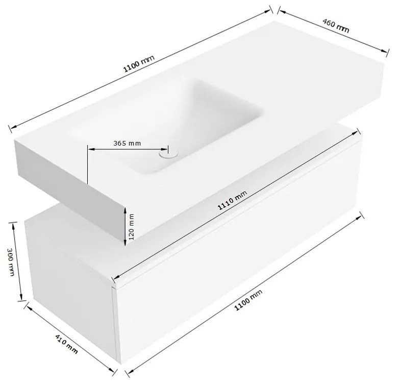 Zaro Alan badmeubel 110cm sand met 1 lade en vrijhangende wastafel links met kraangat wit mat