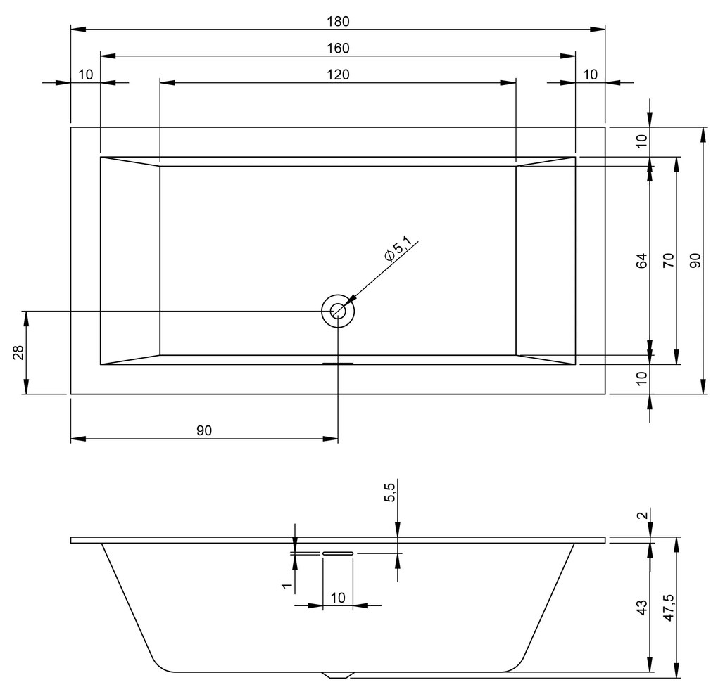 Riho Rethink Cubic half vrijstaand bad 180x90cm links wit glans met Fall overloop