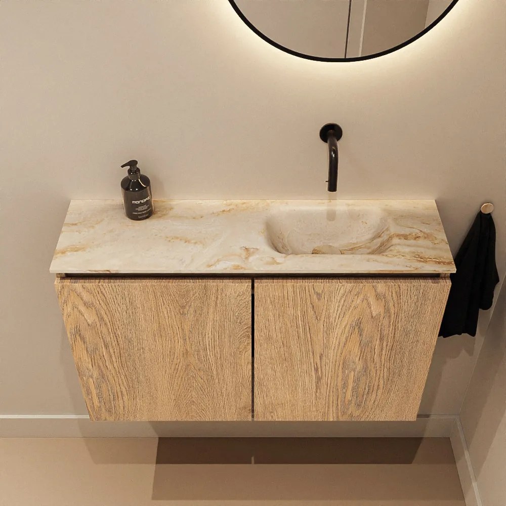 Mondiaz Ture DLux toiletmeubel 80cm washed oak met wastafel frappe rechts zonder kraangat