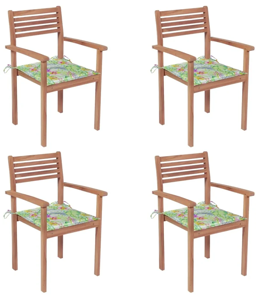 vidaXL Tuinstoelen 4 st met bladpatroon kussens massief teakhout