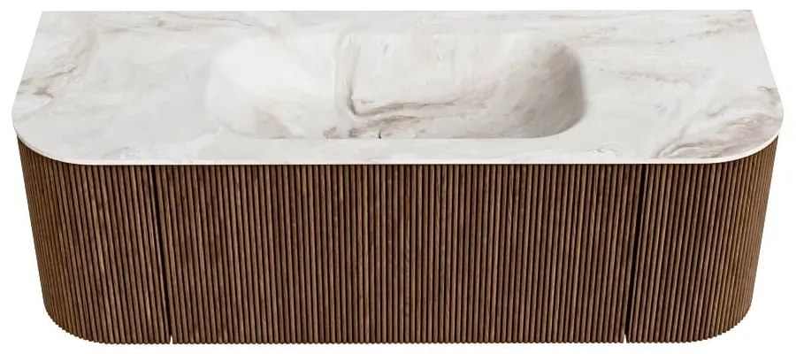 Mondiaz Kurve-dlux 130cm badmeubel ronding links/rechts walnut met 1 lade en 2 deuren en wastafel big small midden zonder kraangat frappe