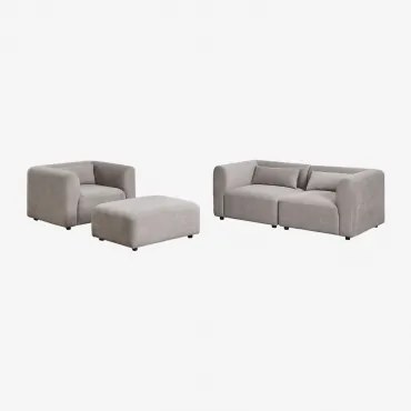 Woonkamer Set Met 2-delige Modulaire Bank, Fauteuil En Poef Fogler Corduroy Licht Taupegrijs - Sklum