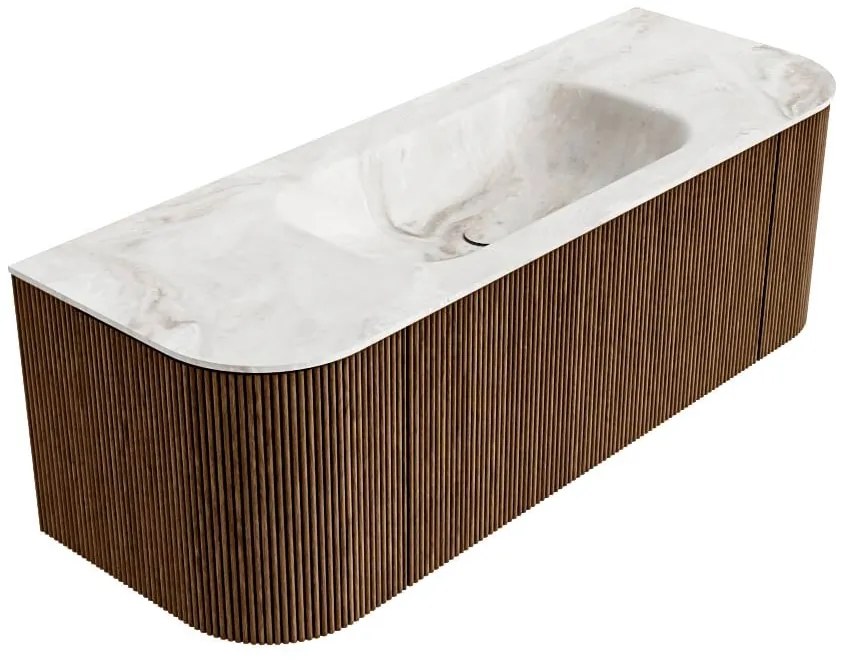 Mondiaz Kurve-dlux 130cm badmeubel ronding links/rechts walnut met 1 lade en 2 deuren en wastafel big small midden 1 kraangat frappe