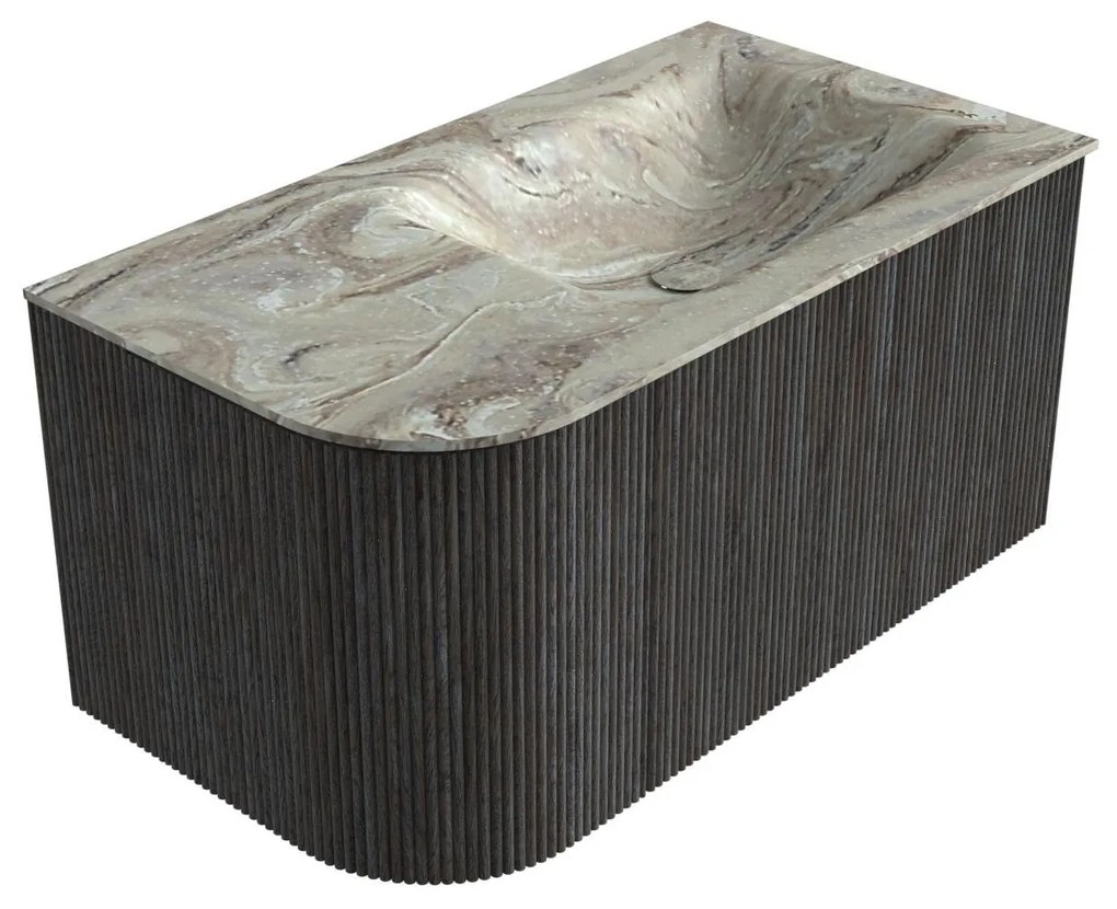 Mondiaz Kurve-dlux 85cm badmeubel ronding links shadow met 1 lade en deur en wastafel cloud rechts zonder kraangat glace