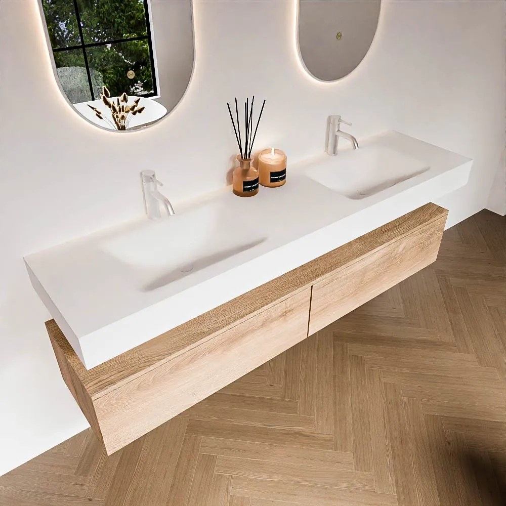 Zaro Alan badmeubel 180cm washed oak 2 lades met vrijhangende wastafel cloud dubbel 2 kraangaten talc