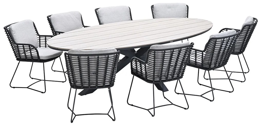 Garden Impressions Fabrice tuinset 9-delig antraciet - Tulli tuintafel ovaal 280x140 cm light teak look