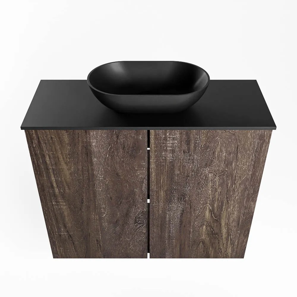 Mondiaz Fowy toiletmeubel 60cm dark brown met zwarte waskom midden zonder kraangat