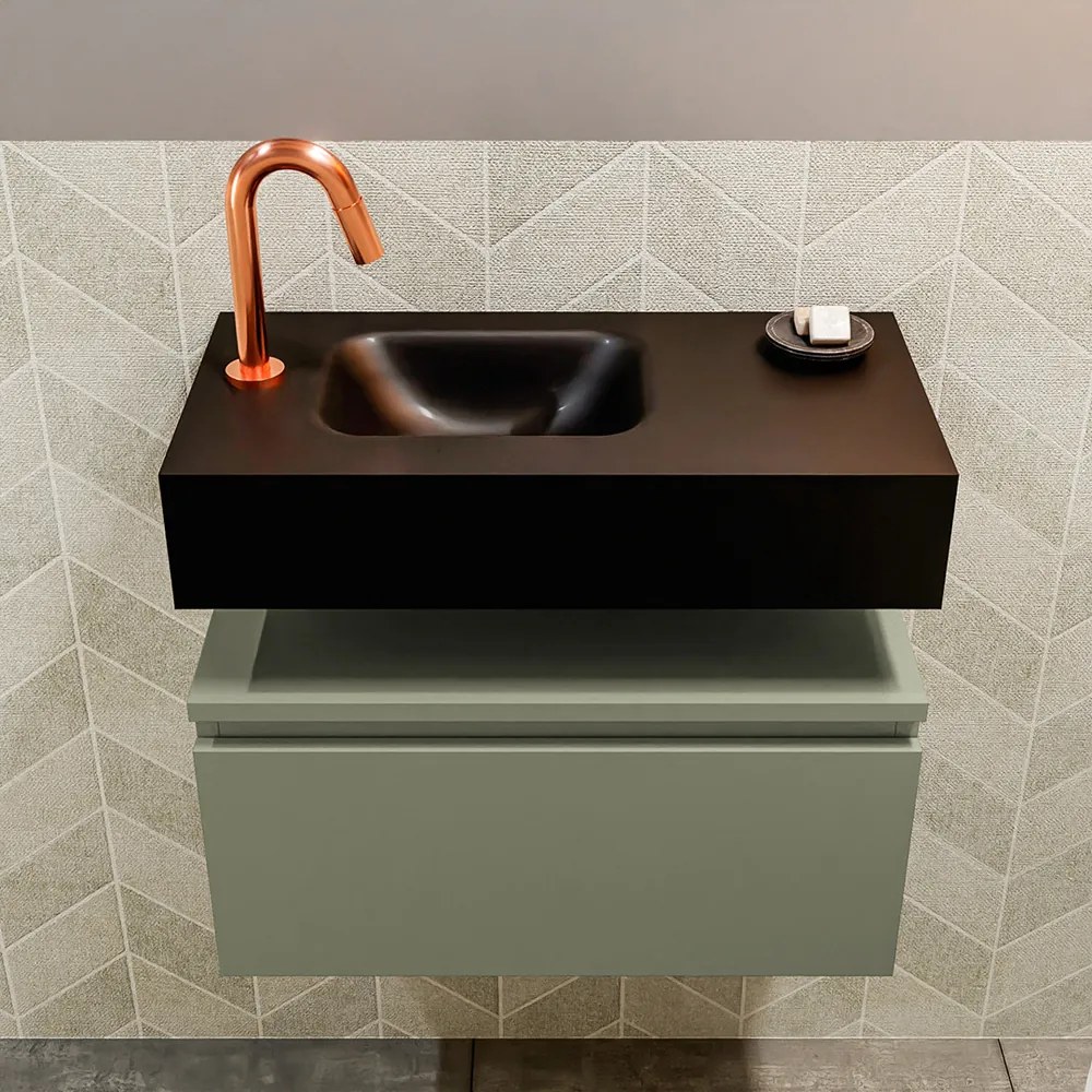 Mondiaz Andor toiletmeubel 60cm army met zwarte wastafel links met kraangat