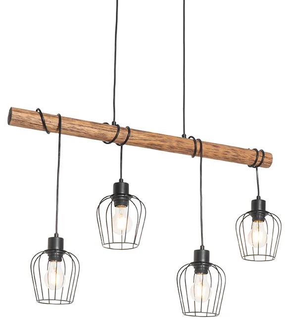 Eettafel / Eetkamer Landelijke hanglamp zwart met hout 4-lichts - Stronk Landelijk E27 Binnenverlichting Lamp