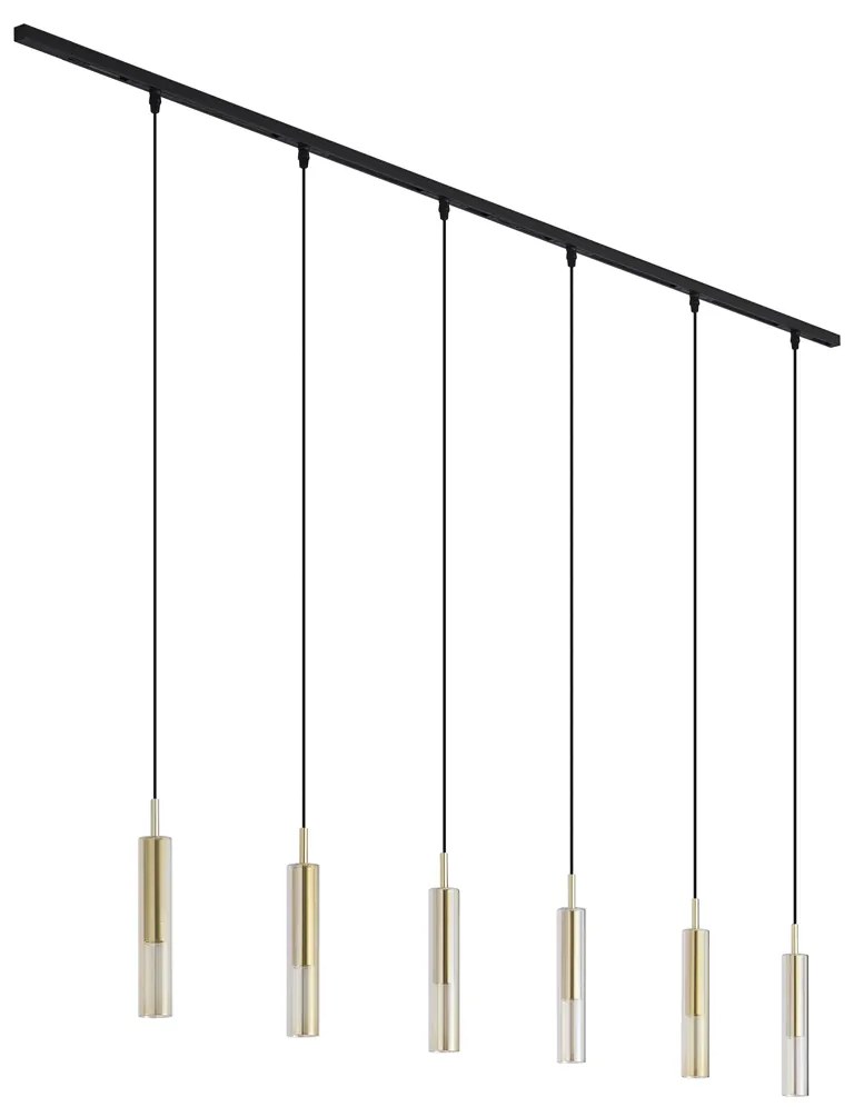 Modern railsysteem zwart met 6 hanglampen goud met amber glas 1-fase - Slimline Loyce
