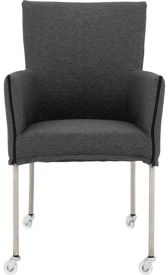 Goossens Eetkamerstoel Funk RVS Poten donkergrijs stof met armleuning en Transparant skater wiel met rvs kapmet wielen, modern design