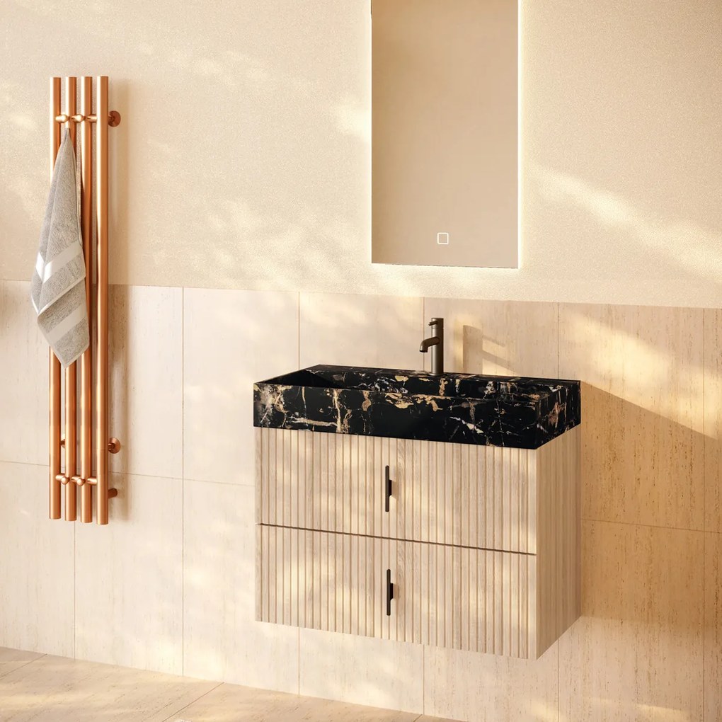 Muebles Murcia badmeubel ribbelfront 80cm naturel eiken met Portoro Gold wastafel met kraangat