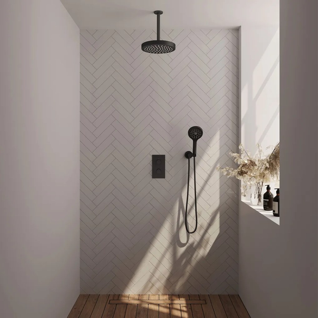 Brauer Stripe inbouw regendouche met 25cm hoofddouche, plafondarm en 3 standen handdouche set 18 zwart mat