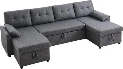 VEVOR U-vormige slaapbank, omvormbare slaapbank met 2 zijzakken &amp; 2 kussens &amp; dubbele chaise longue, uitschuifbare slaapbank voor 6 personen met veel opbergruimte voor woonkamer, appartement, metalen frame