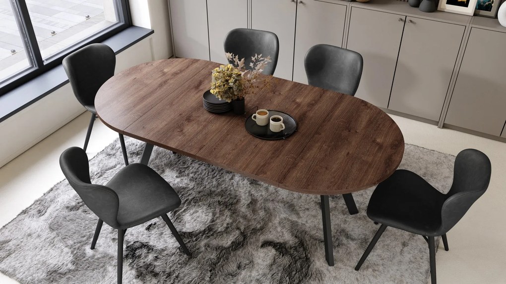 ALDO 100 Eiken Bruin/Zwarte poten - RONDE LOFT/INDUSTRIËLE TAFEL VOOR WOONKAMER/EETKAMER, UITSCHUIFBAAR