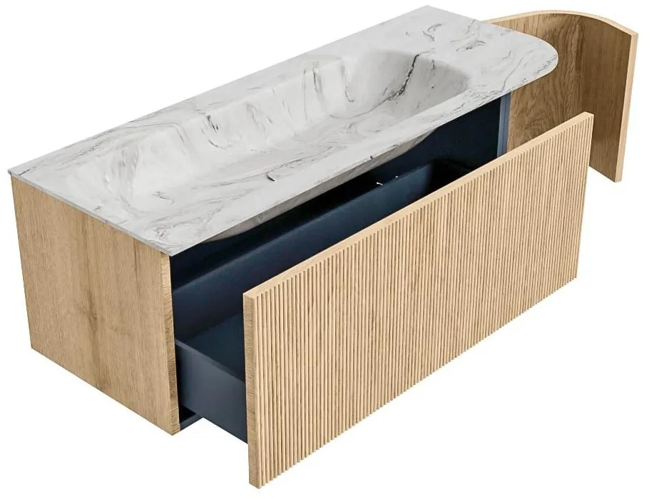 Mondiaz Kurve-dlux 125cm badmeubel ronding rechts oak met 1 lade en deur en wastafel big medium kraangat links glace