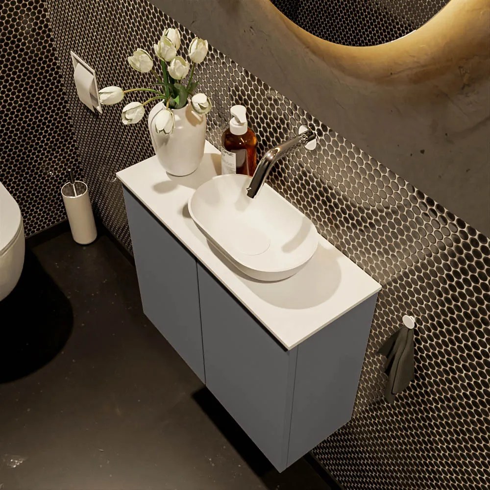 Mondiaz Fowy toiletmeubel 60cm dark grey met witte waskom rechts zonder kraangat