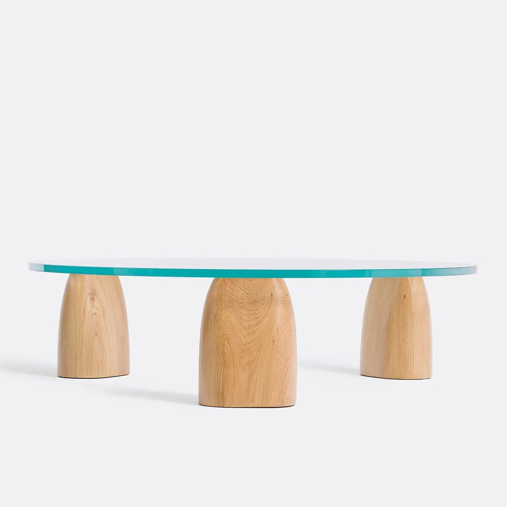 Ronde salontafel met drie poten in eik en glas, Clay