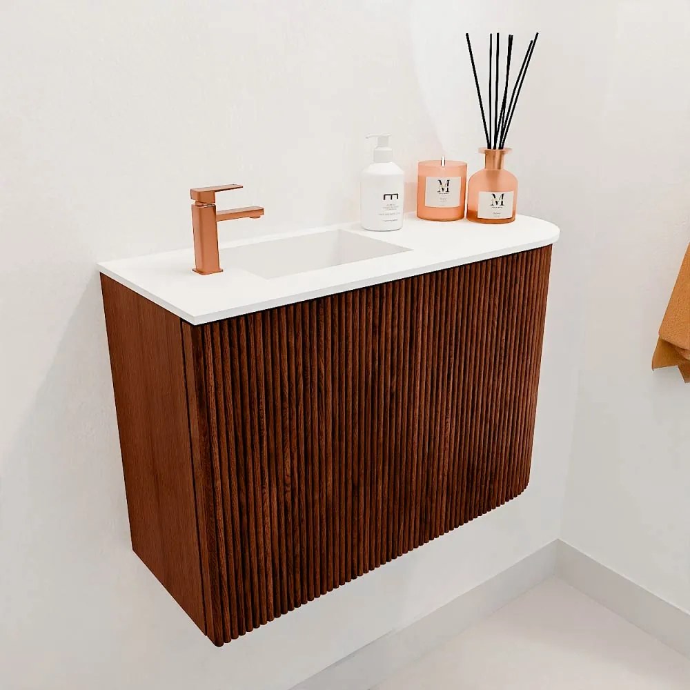 Mondiaz Joya 60cm toiletmeubel ronding rechts ruby met wastafel faye links 1 kraangat talc