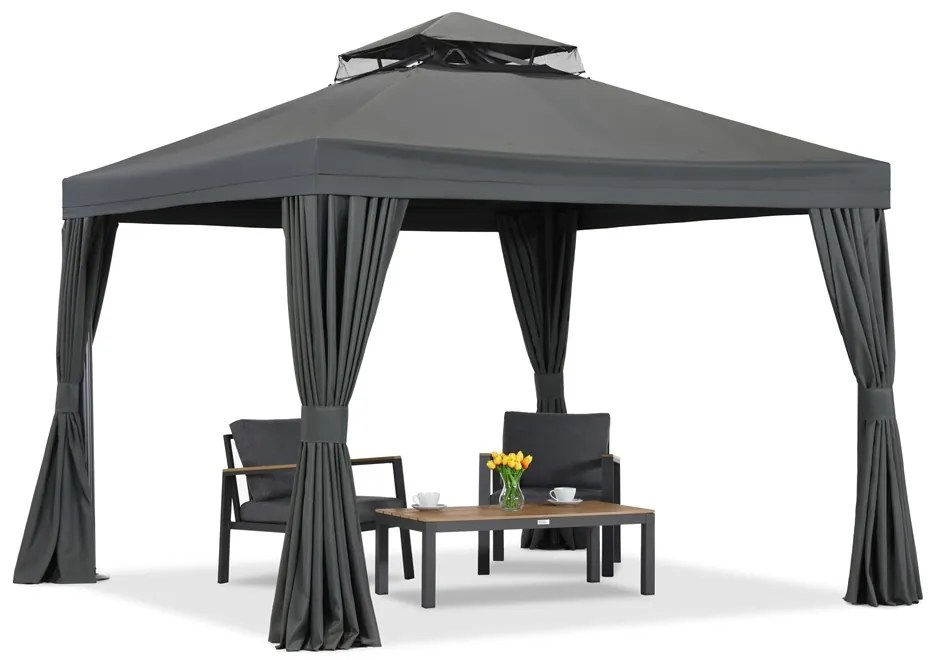 Antracietkleurig tuinpaviljoen met gordijnen Valencia 3x3 m Garden Point