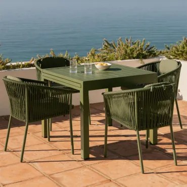 Uitschuifbare Eettafelset 90-180x90 Cm Starmi En 4 Stapelbare Tuinstoelen Van Aluminium En Gevlochten Touw Ondina Groen – Intens Olijf - Sklum