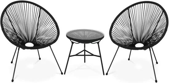 Set van 2 ei-vormige stoelen ACAPULCO met bijzettafel -Zwart - Stoelen 4 poten design retro, met lage tafel, plastic koorden
