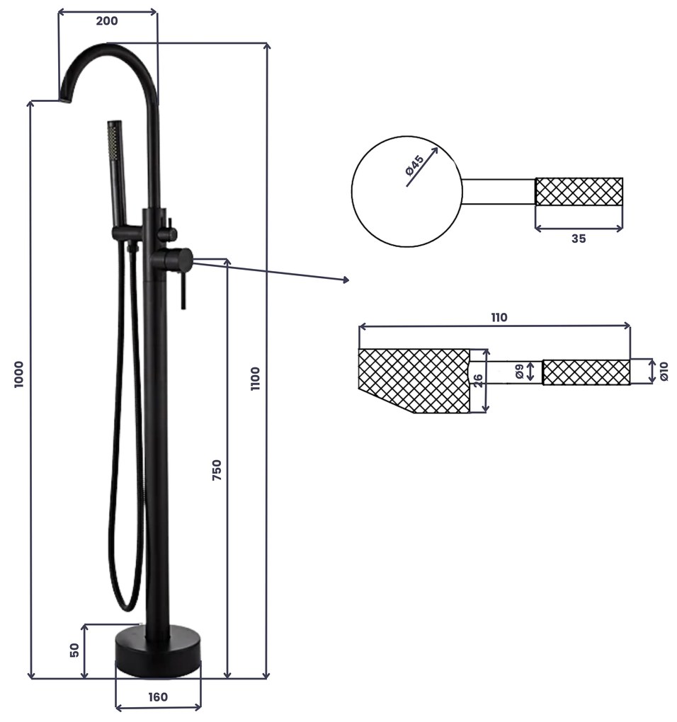 Saniclear Nero Curved vrijstaande badkraan zwart mat