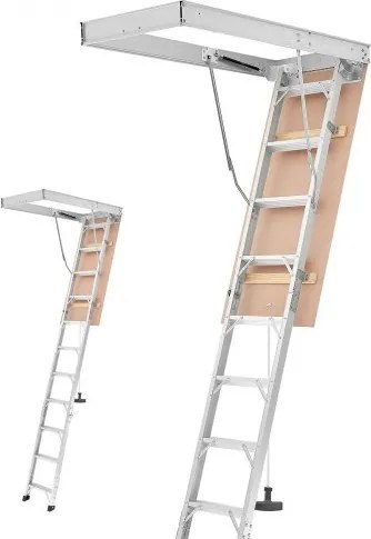 VEVOR opvouwbare zoldertrap, 170 kg draagvermogen, aluminium en hout, hydraulische zoldertrap met trekkoord voor plafondhoogtes van 300-313 cm, metalen trap met een opening van 137 x 57 cm voor toegang, zilverkleurig