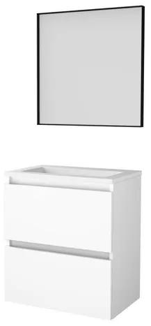 Basic-Line Framed 39 badkamermeubelset - 60x39cm - greeploos - 2 lades - acryl wastafel - 0 kraangaten - Spiegel - mat zwart aluminium frame - rondom - MDF lak Ice White 1813801