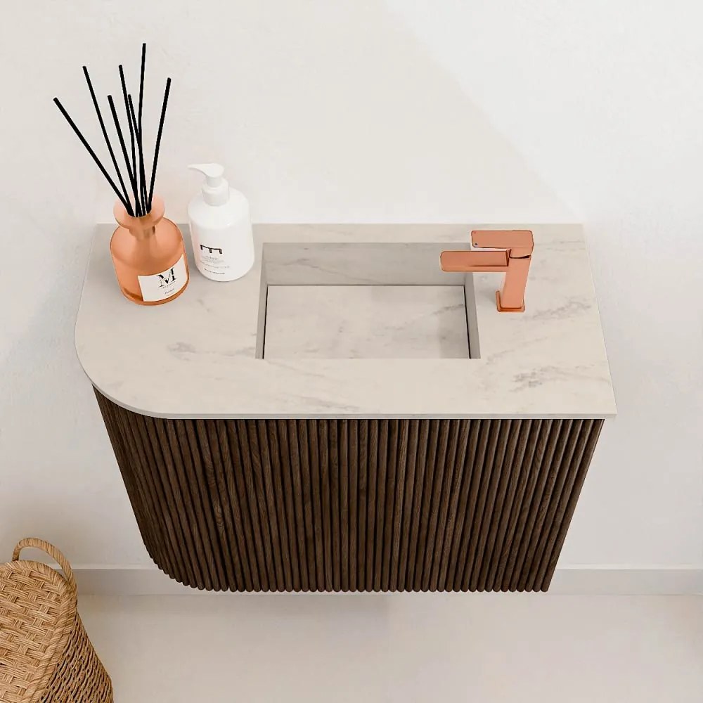 Mondiaz Joya DLux 50cm toiletmeubel ronding links walnut met wastafel faye rechts 1 kraangat opalo