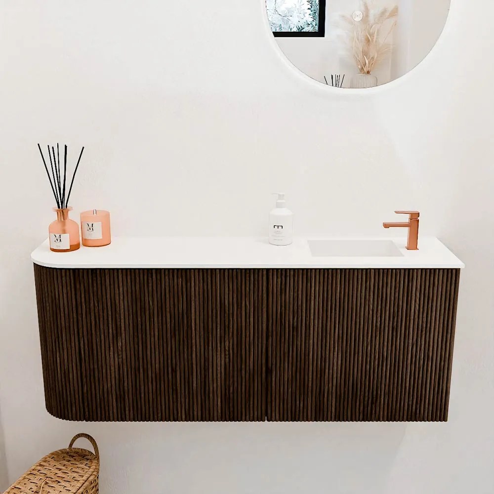 Mondiaz Joya 100cm toiletmeubel ronding links walnut met wastafel faye rechts 1 kraangat talc