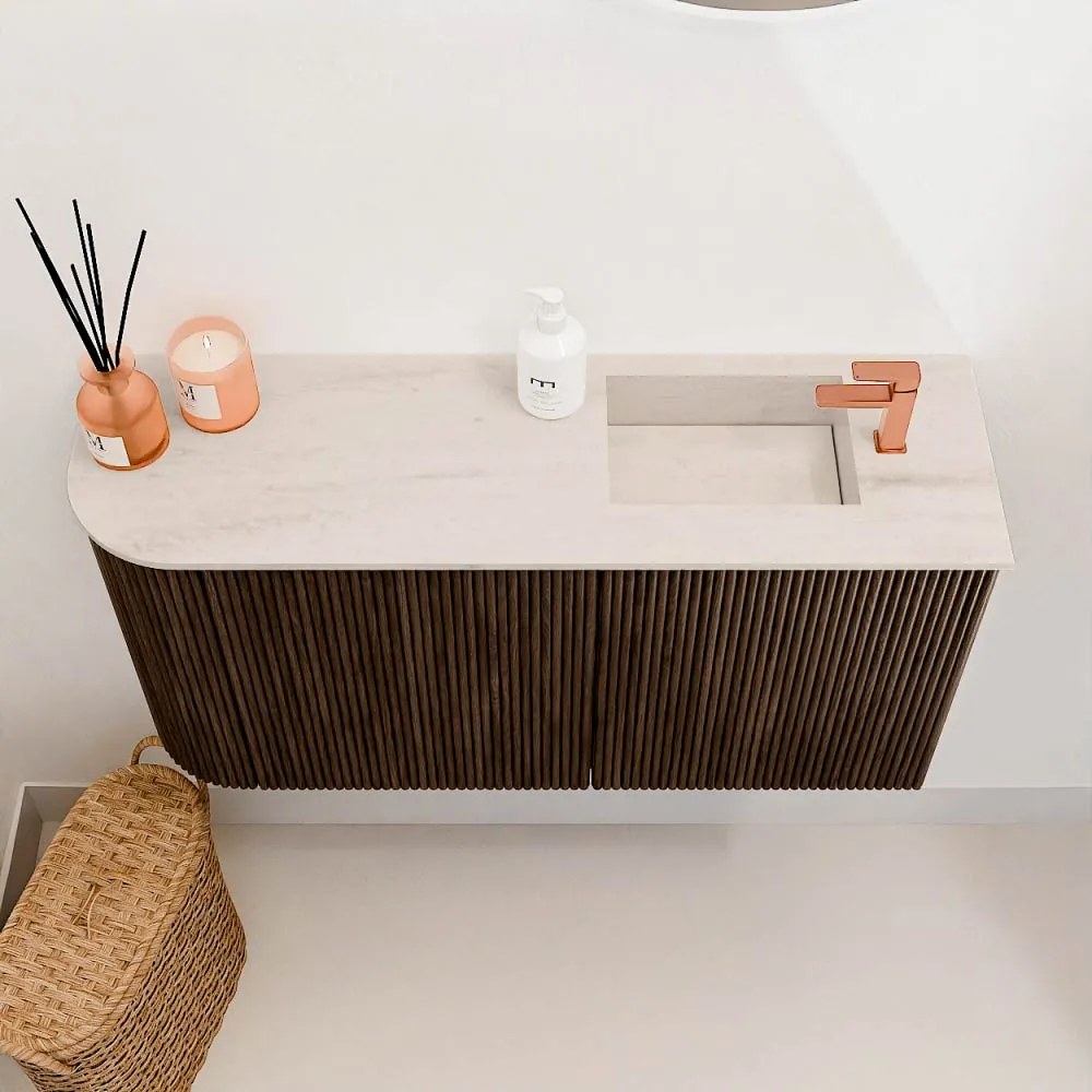 Mondiaz Joya DLux 80cm toiletmeubel ronding links walnut met wastafel faye rechts 1 kraangat meli