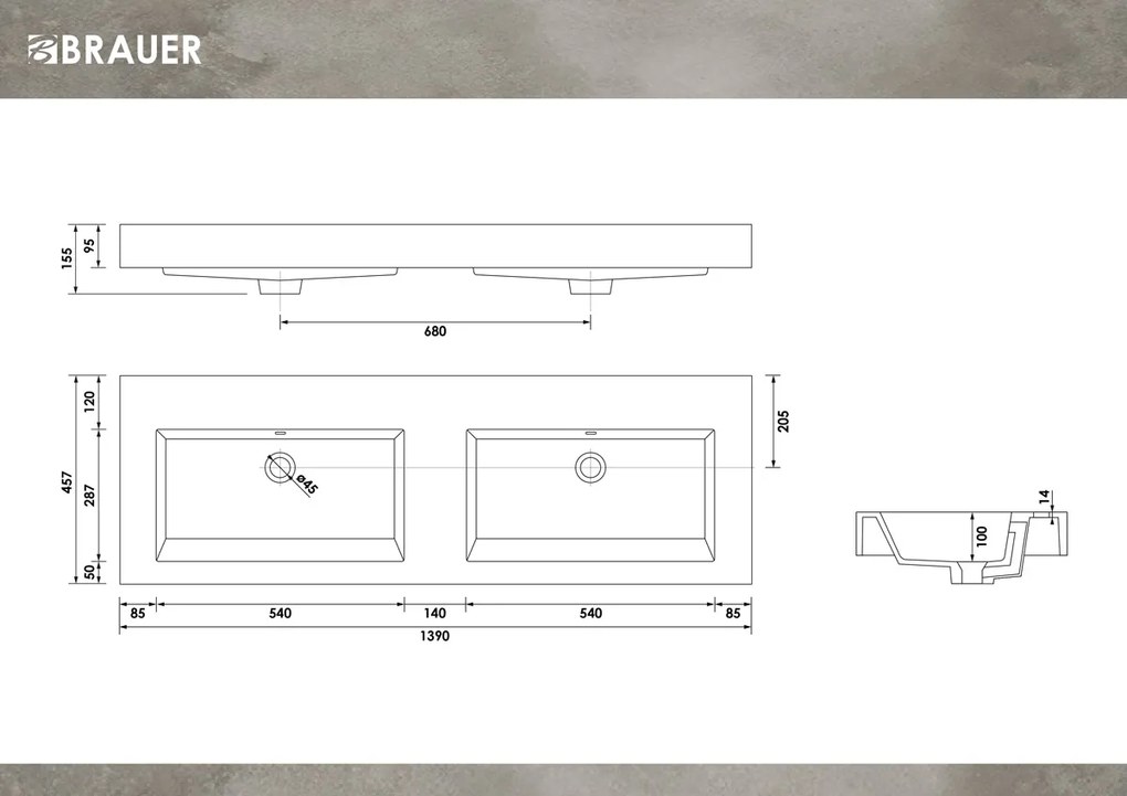 Brauer Solar Thick dubbele wastafel mineraalmarmer 140cm zonder kraangaten wit glans