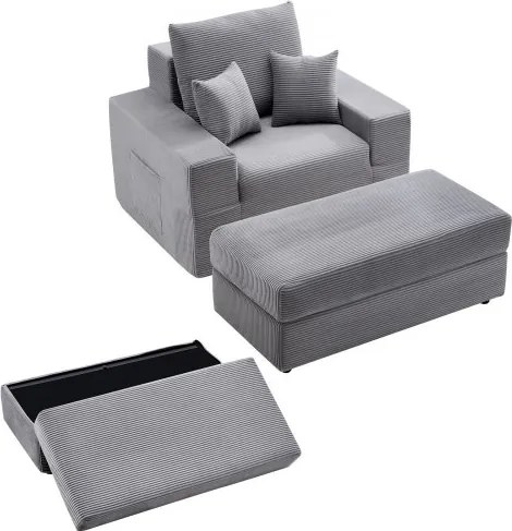 VEVOR Chaise Longue Relaxstoel 1115 mm, Modulaire Loungestoel met Decoratieve Kussens en Armleuningen, Bank met Diepe Zitting en Voetenbank voor Woonkamer Slaapkamer, Leesstoel Gemaakt van Zeer Elastisch Spons